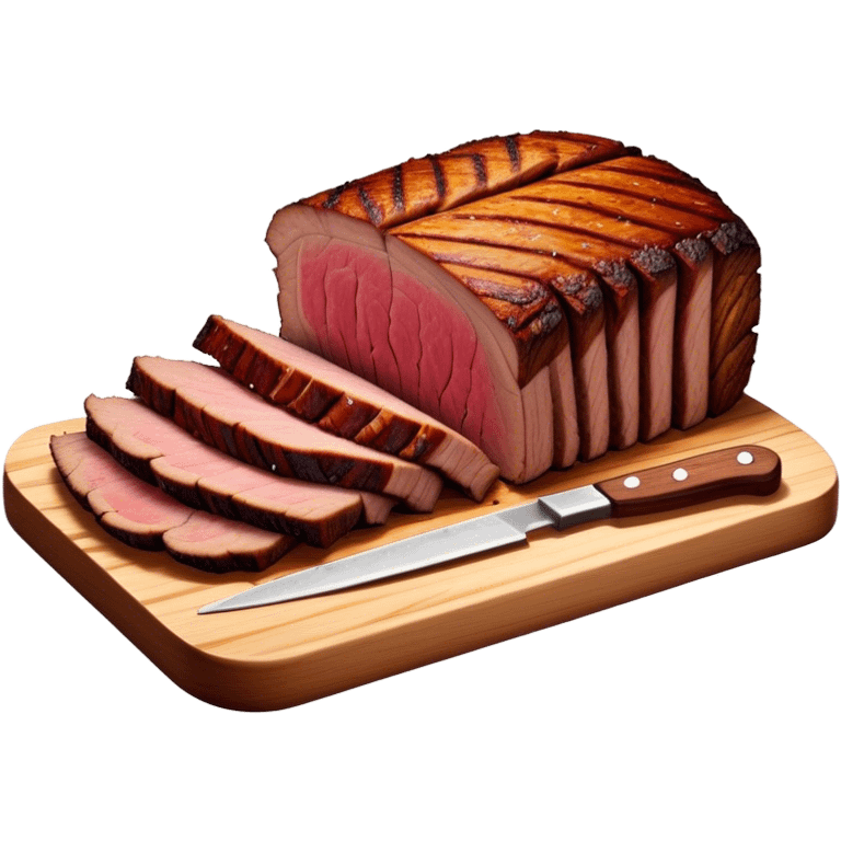 Cinematic smoked brisket, deep mahogany crust, perfectly sliced to reveal juicy marbled meat, warm smoky aroma, served on a wooden board, rich and flavorful, ultra-detailed and appetizing. emoji