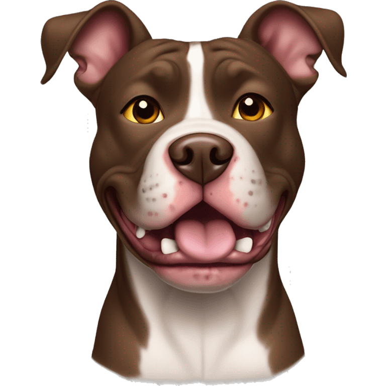 American pit bull dog with cropped ears, the colour of the dog is chocolate tiger, it sits and looks forward. mouth is open, tongue sticks out emoji