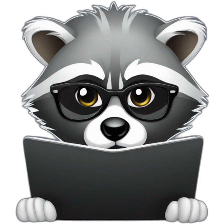 racoon wearing glasses and a white tee working on a black laptop emoji