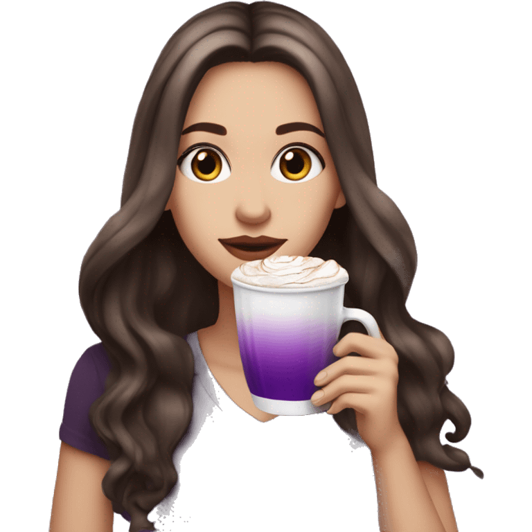 white girl with dark brown long hair with purple ombré at the tips and a hot chocolate emoji