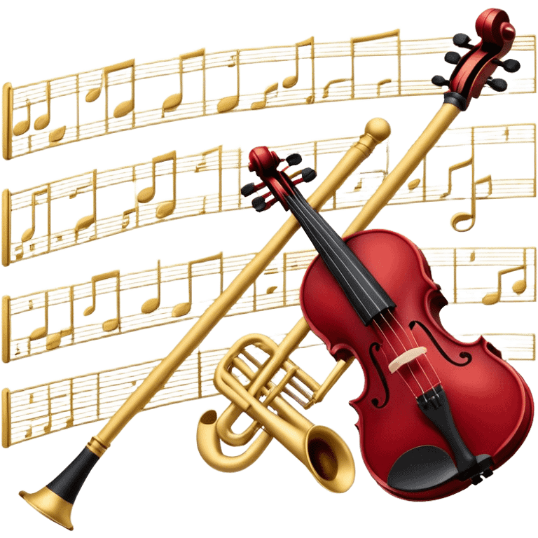 Create a sophisticated and elegant emoji that represents orchestration and arrangement. The design should feature a conductor’s baton, musical notes, and a symphonic score, symbolizing the process of arranging and orchestrating music. Incorporate instruments like a violin, trumpet, and piano keys subtly in the background, representing different sections of the orchestra. Use classical and refined colors such as gold, deep red, and black to evoke the grandeur and precision of orchestration. The background should be transparent. emoji