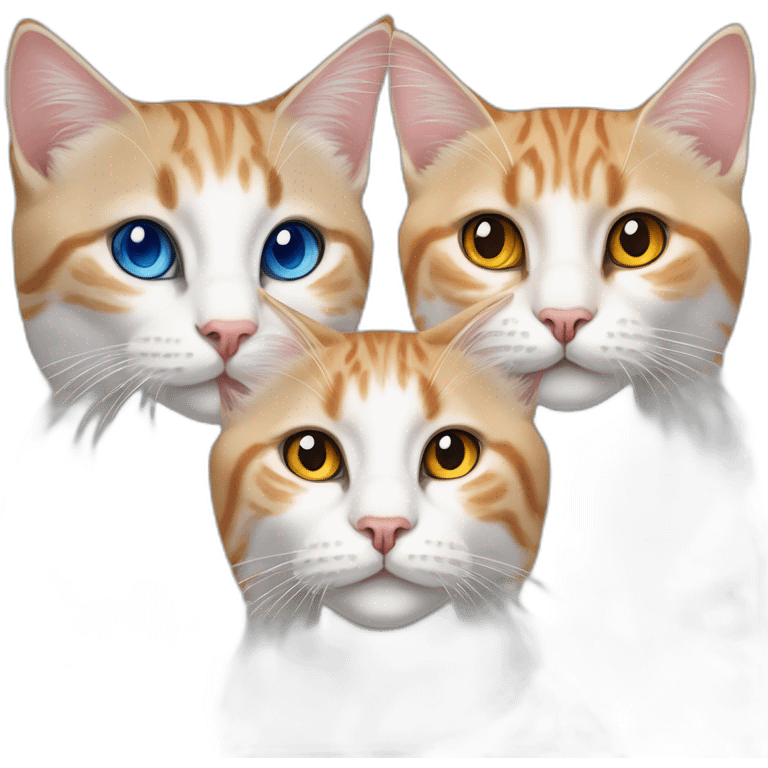 three cats sitting together, 1 lynx point cat with blue eyes, 1 orange and white tabby with yellow eyes, 1 orange with orange eyes emoji