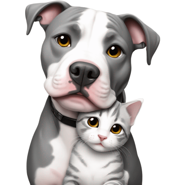 Grey and white pit bull with 2 grey tabby kittens cuddling emoji