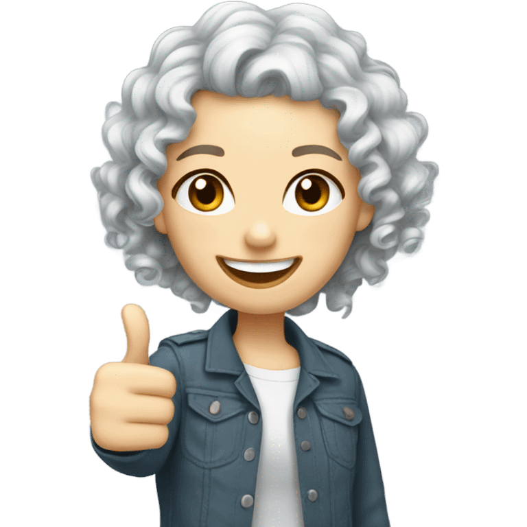 Silver curly hair, thin white girl with thumb up emoji