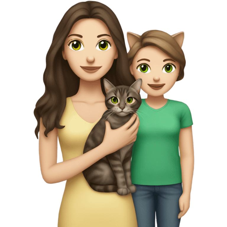 Caucasian women with long dark brown hair and brown eyes holding a tabby cat with green eyes emoji