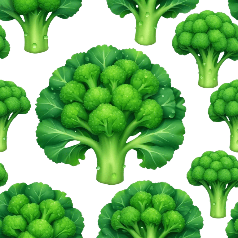 Cinematic lush green broccoli, detailed florets glistening with dewdrops, ultra-fresh and vibrant, soft glowing background, healthy and delicious. emoji