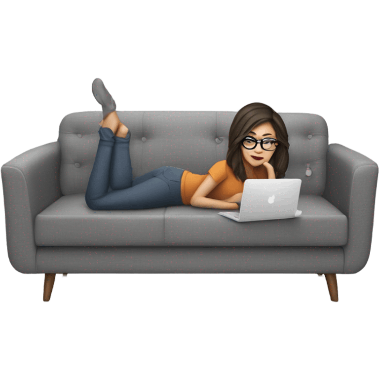 brunette girl laying on a grey couch with grey pillows with glasses on and a laptop on small table in front with coffee cup on mouse pad emoji