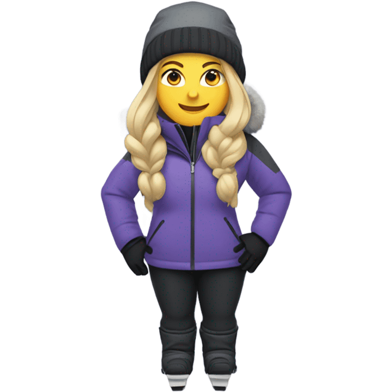 Chubby female long blonde hair skier with purpley-grey jacket and black pants showing whole body. emoji