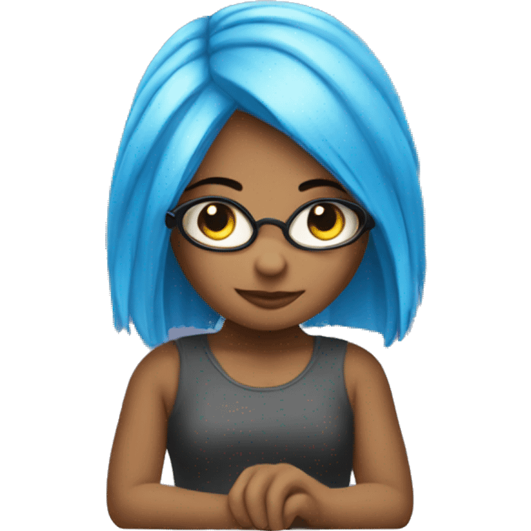 girl with blue dye hair coding on laptop emoji