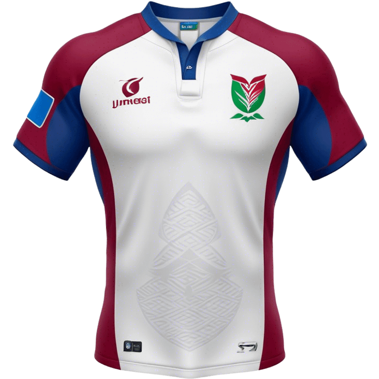 Cinematic Realistic image of a rugby jersey rendered in bold, dynamic team colors with intricately detailed fabric textures and natural creases, illuminated by dramatic stadium lighting emoji