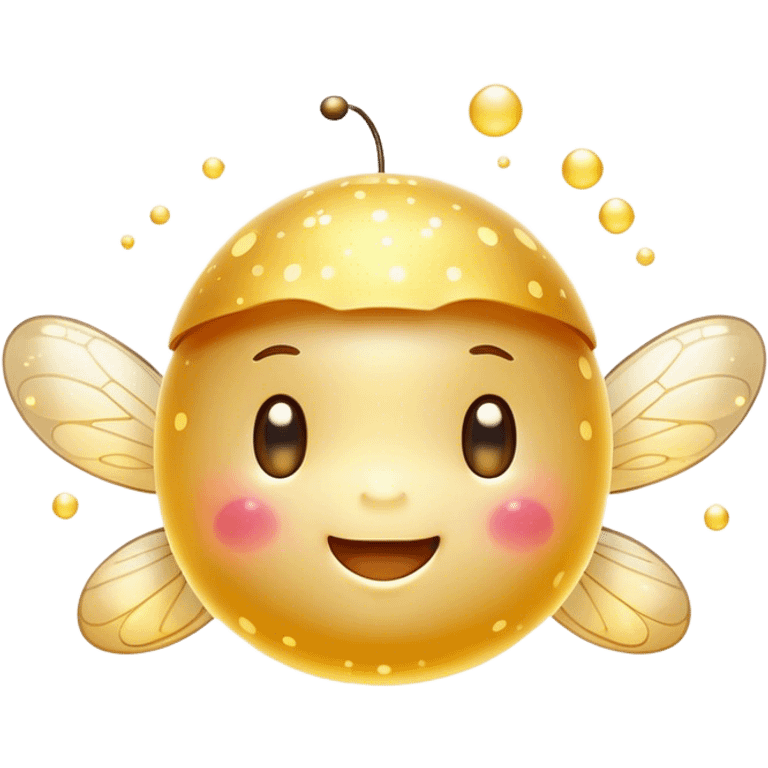 Cinematic tiny glowing firefly, round and chubby, soft golden light, tiny happy face, gentle floating motion, surrounded by dreamy sparkling dots. emoji