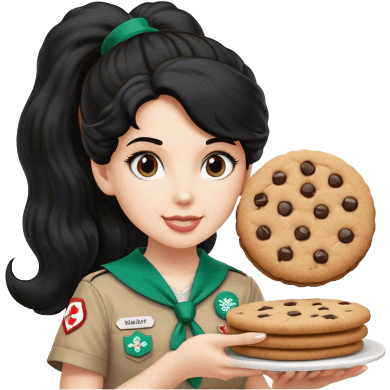 white girl scout selling cookie at Wendy’s big black hair on ponytail and Wendy’s logo emoji