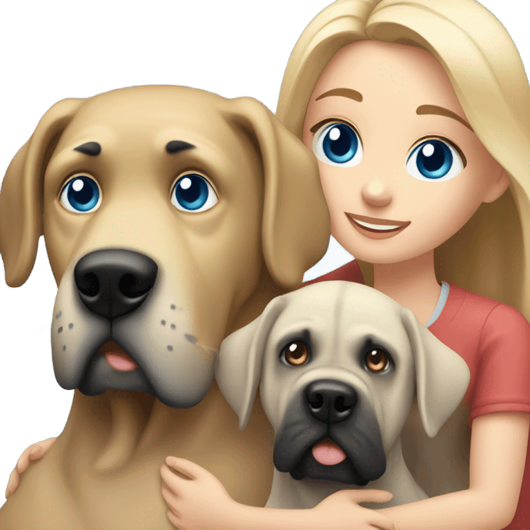 Brunette blue eye man and blonde blue eye girl hugging an English mastiff dog emoji