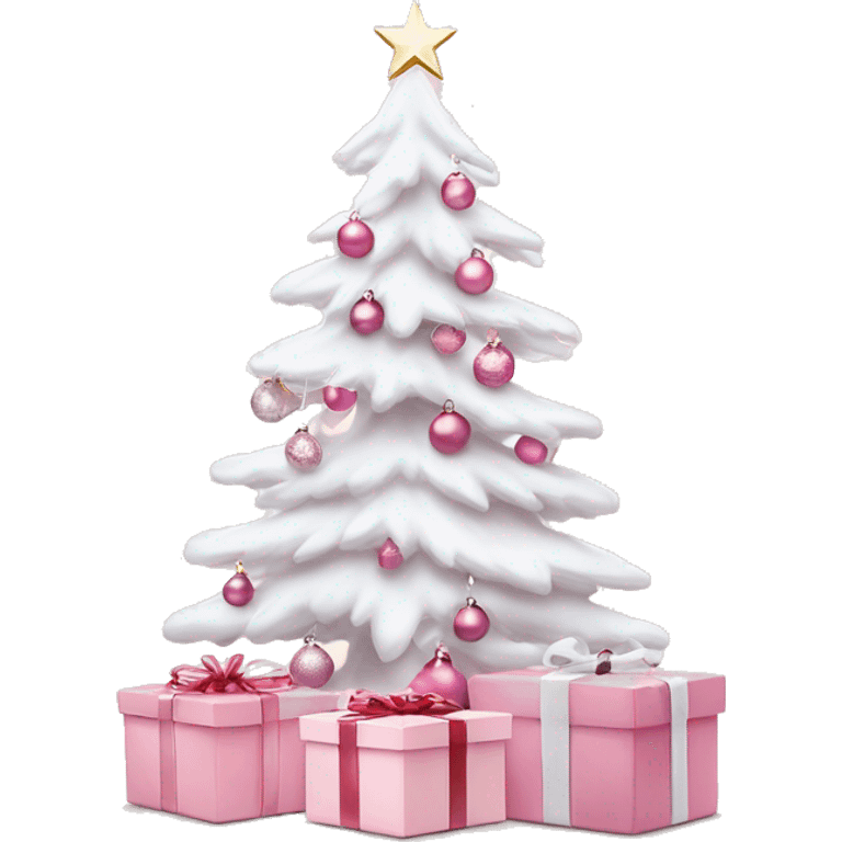 Light pink Christmas gifts under a white Christmas tree  emoji