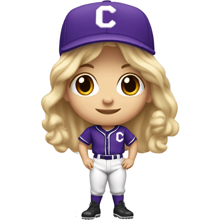 baseball card character. Blonde female long shoulder length hair. letter C logo. white and purple uniform. emoji