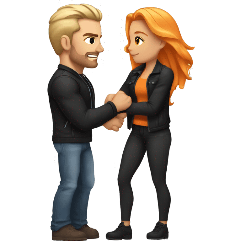 A muscular, well-formed, slightly brunette man wearing a black jacket, and a woman with light blonde and orange hair, brown eyes, and a black crop top, hugging him. emoji