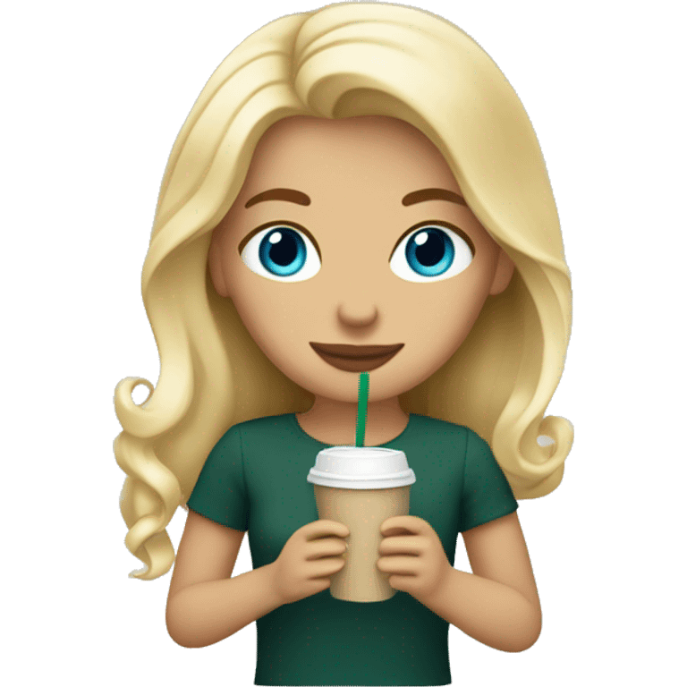 blonde girl blue eyes with Starbucks cup drink emoji