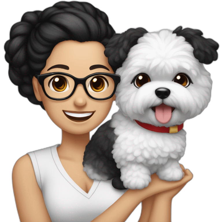 woman-black-hair-bun-with glasses-with bichon dog-white-smile-Christmas emoji