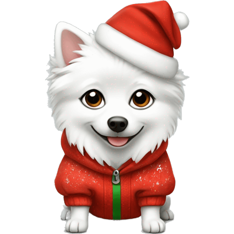 White Italian spitz with Christmas hoodie emoji