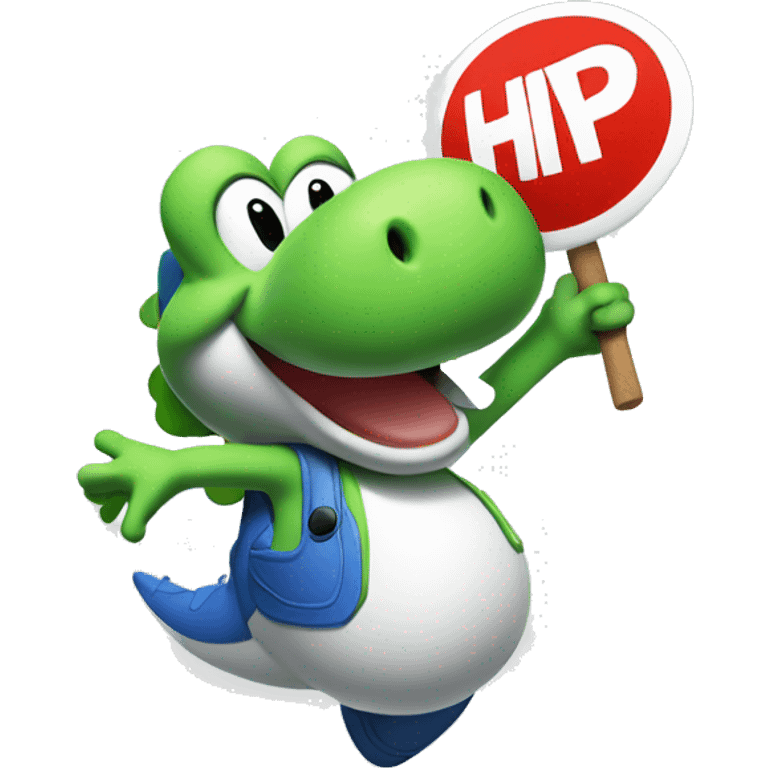 a yoshi from mario screaming Hype while holding a sign saying 'hype' emoji