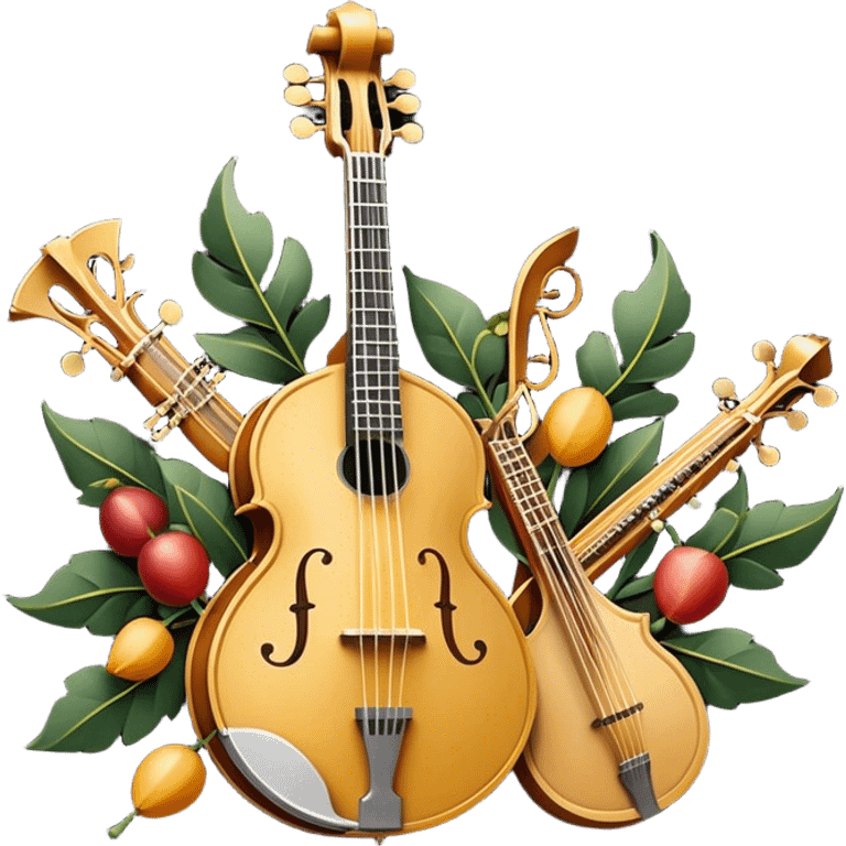 Design a sophisticated and festive emblem-like emoji representing plucked and stringed instruments. The layout should resemble a heraldic crest, featuring iconic instruments like a banjo, mandolin, domra, and sitar, artistically arranged in an elegant and symmetrical way. The necks of the instruments should be intertwined with a flowing ribbon of musical notes, winding around the strings and fretboards. The design should be detailed, showcasing the intricate carvings on the instruments, visible strings, and fret markers. Use a rich color palette with deep golds, browns, and vibrant accents to evoke a sense of luxury and celebration. The musical notes should appear to float around the instruments, connecting them in a graceful, dynamic way. Include ornate flourishes or decorative elements like laurels, swirls, or subtle engravings to give the image a professional, emblematic appearance. The background should be transparent. emoji