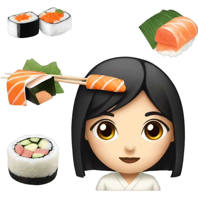 Japanese girl with black hair eating sushi emoji