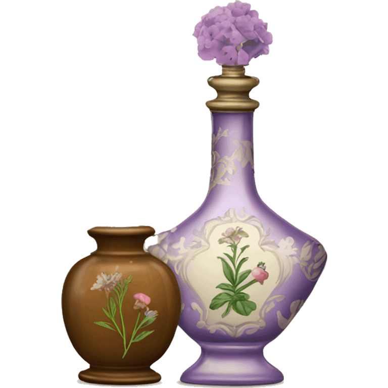 Antique perfume bottle with flowers and herbal emoji