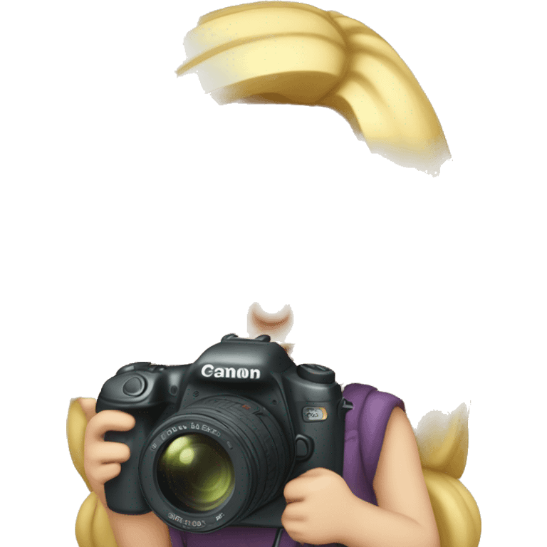 Blonde girl with a canon camera holding in arms emoji