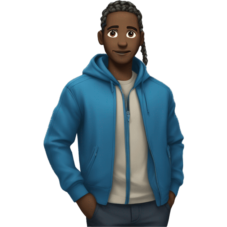 African man with braids and blue zip up jacket with anime shirt under jacket  emoji