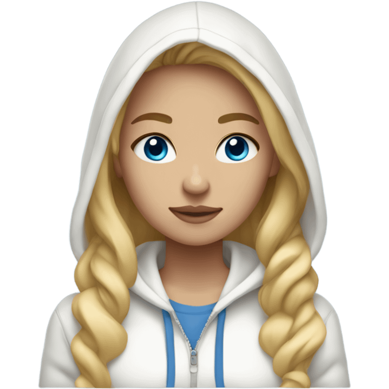 blonde girl ,wearing white hoodie, light tan skin, and blue eyes emoji