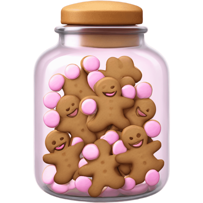 Realistic glass cookie jar with light pink lid full of gingerbread cookies isolated.  emoji