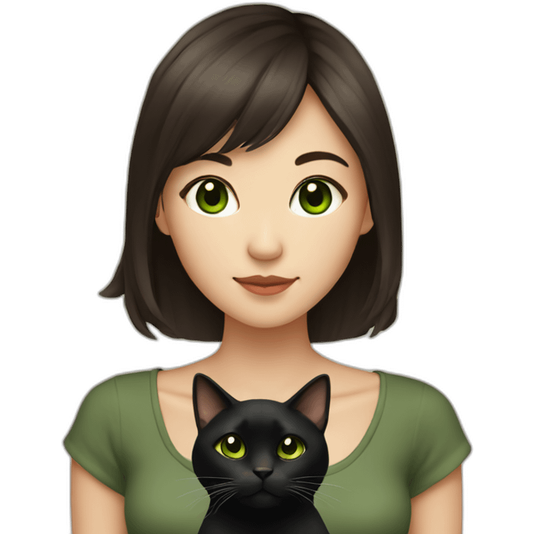 asian girl with brown hair and brown eyes holding a black cat with green eyes  emoji