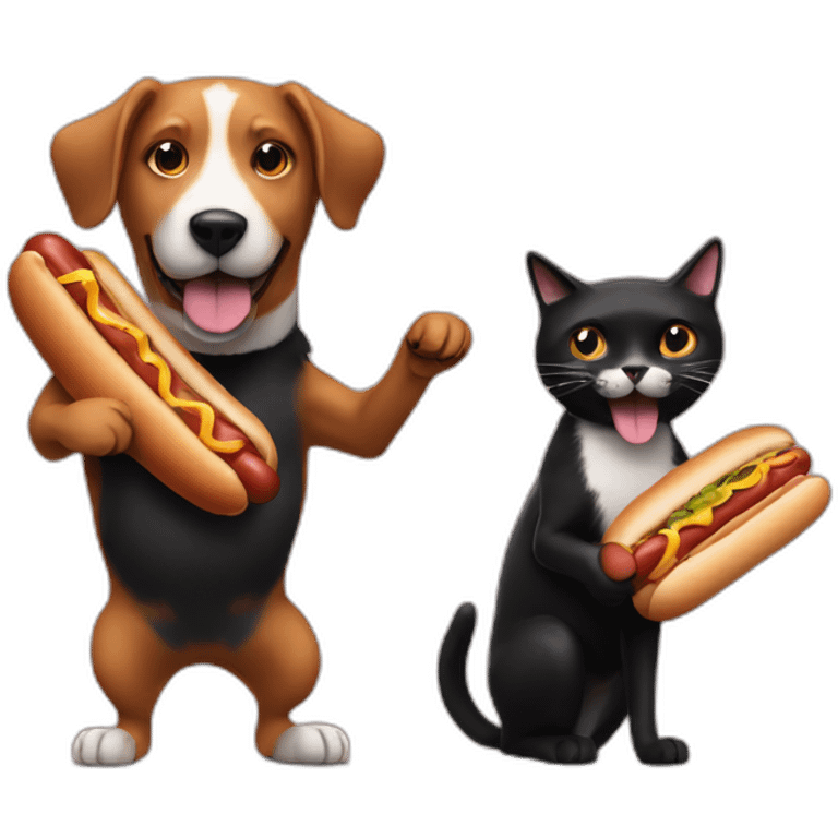 A dog eating a hot dog and dancing with a black cat emoji