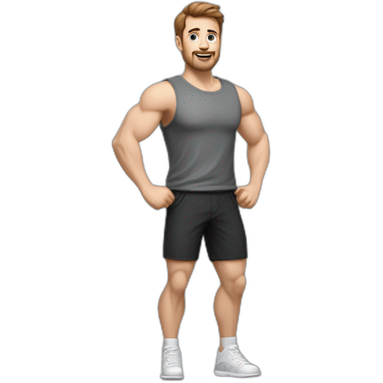 Full height realistic Actively gesturing with hands Pale skinned Fit Man With the biceps and brown hair in dark gray Sleeveless Mike, black oversize sports shorts, watch and white Sneakers emoji