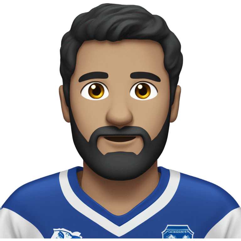 Dark haired man with a beard wearing an Everton football jersey  emoji