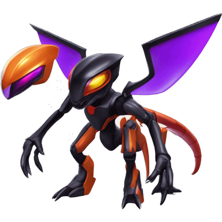 a shiny metallic black-purple-red-orange Genesect-Flygon-Raptor-Fakémon-Medabot-hybrid with a futuristic visor-helmet full body emoji