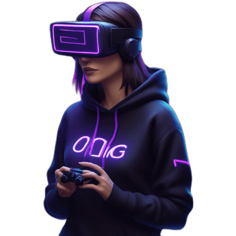 Cathie Wood wearing a black hoodie with "OMG" letters on it and VR headset in a cyberpunk VR environment with violet neon lighting. emoji