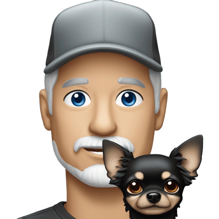 Handsome older man with blue eyes and gray goatee wearing baseball cap holding all black long haired chihuahua emoji