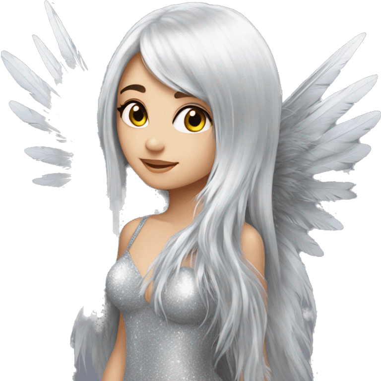 big wings, silver, feather, sparckly,Beautiful, fairy, long hair emoji