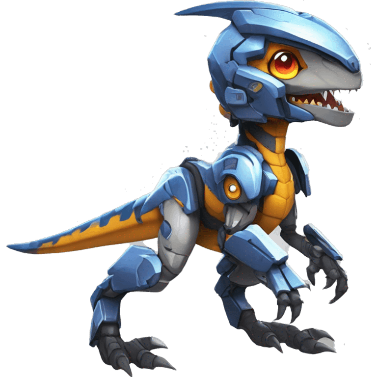 Colorful Edgy Chibi Greymon-Velociraptor-Genesect-Fakémon-Pokémon wearing a with a futuristic visor-helmet And Mecha-suit Full Body emoji