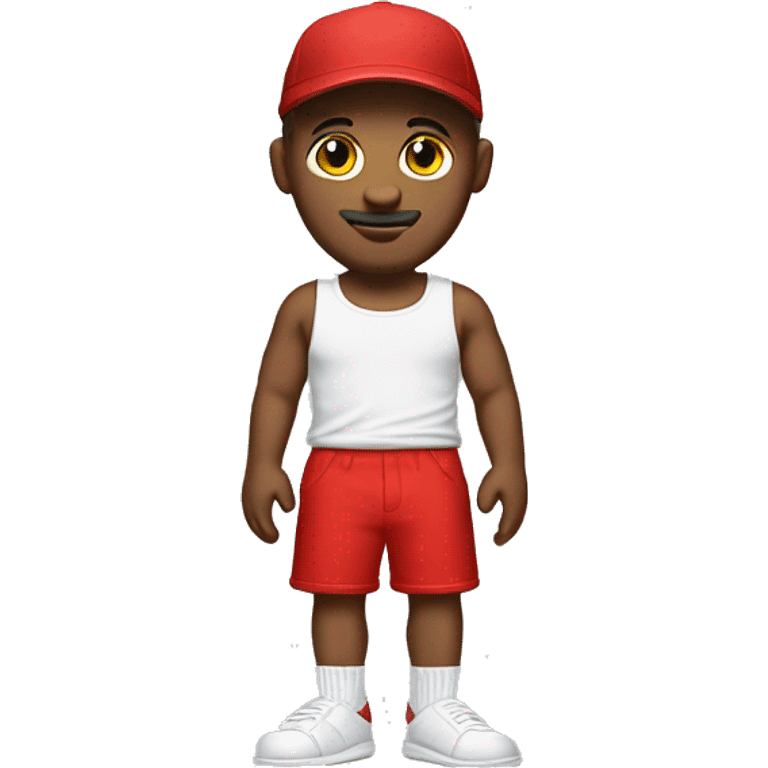 White man in a backwards red hat, white tank top, red shorts and socks and slides  emoji