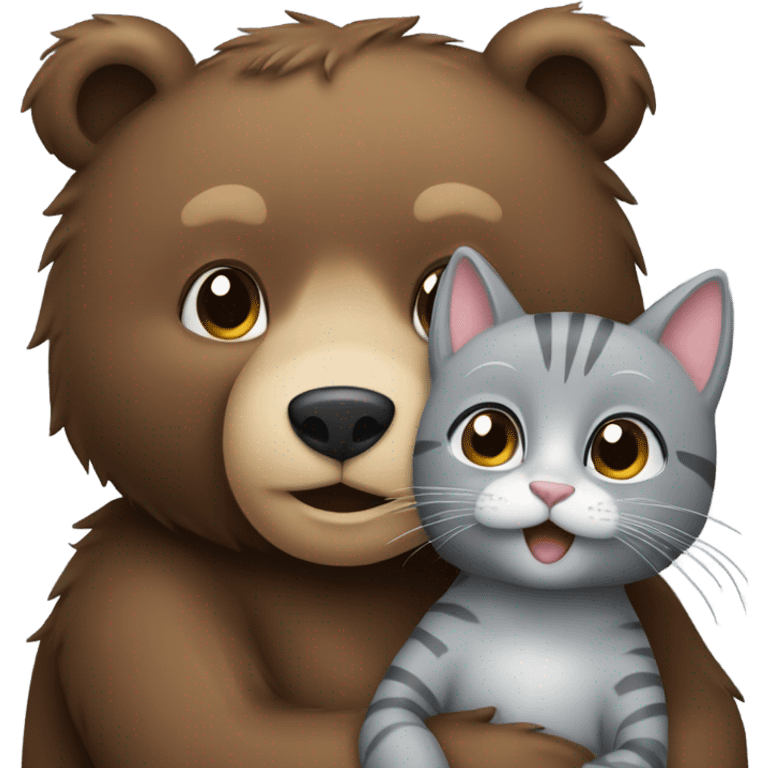 brown bear cub hugs gray cat emoji