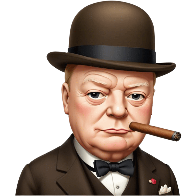 Cinematic Realistic Winston Churchill Portrait Emoji, depicted as a resolute British statesman with a signature bowler hat and a cigar, exuding determined leadership and wartime valor, rendered with lifelike textures and dramatic vintage lighting that captures his iconic British spirit. emoji