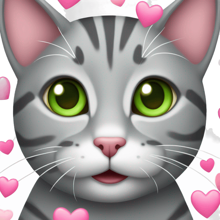 A grey tabby cat with a pink nose and green eyes is happy and she is surrounded by hearts emoji