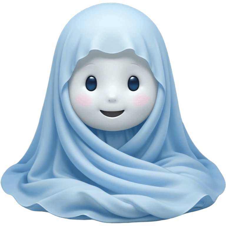 An adorable, peacefully floating sheet-like ghost in gentle pastel whites and blues, its soft, rounded form loosely draped, head resting with closed, serene sparkling eyes and a tiny, contented smile, simplified yet irresistibly charming, highly detailed, with a soft glowing outline that captures the essence of a sleepy, endearing spirit wrapped in cozy slumber! emoji