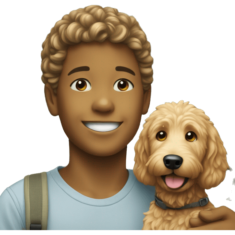 smiling boy with goldendoodle outdoors. emoji