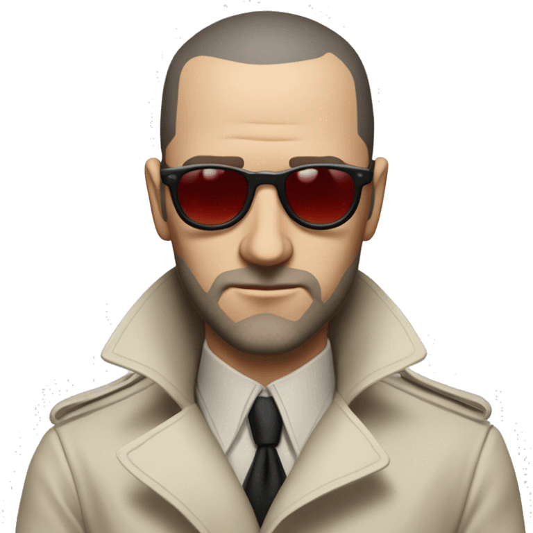 <excerpt>
A 1930s white man with real buzz cut Black hair, beard stubble donning small red tinted sun glasses in a dirty white trench coat, is serious.
</excerpt> emoji