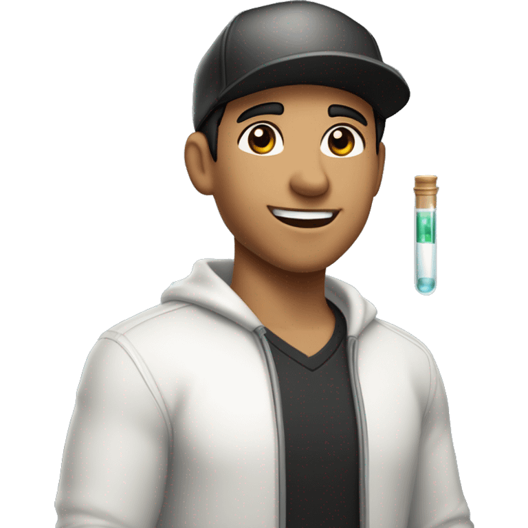 "Light-skinned Latino male with short black hair, wearing a backward cap front to back. Brown eyes, slightly thick lower lip, smiling. Holding a test tube in one hand. Gamer emoji