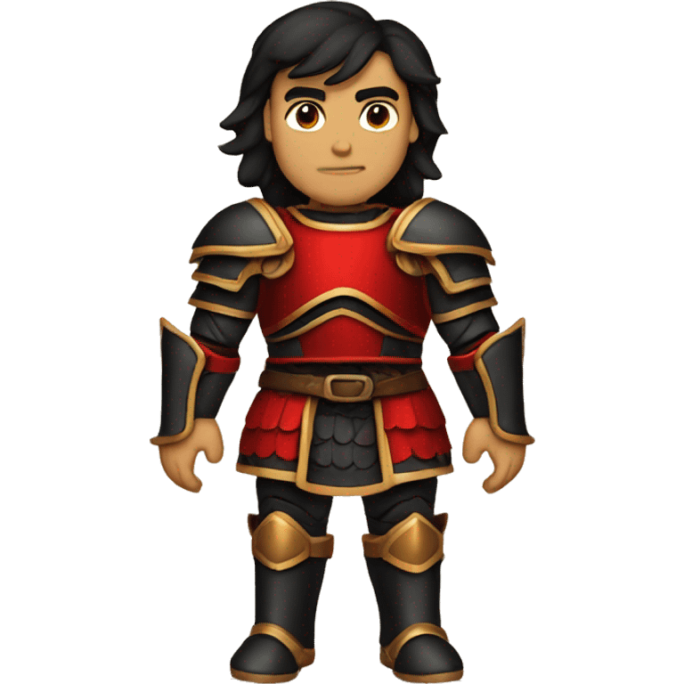 Tanned man with black hair and stern face wearing red and black armour vintage emoji