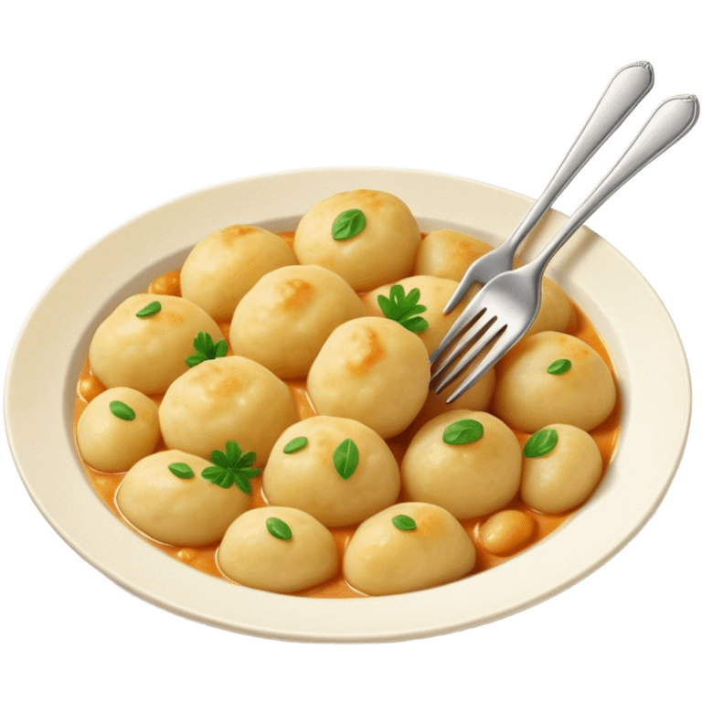 Gnocchi Cinematic Realistic Gnocchi Dish Emoji, depicted as tender potato dumplings garnished with iconic fork marks on top, rendered with soft textures and warm, inviting lighting. emoji